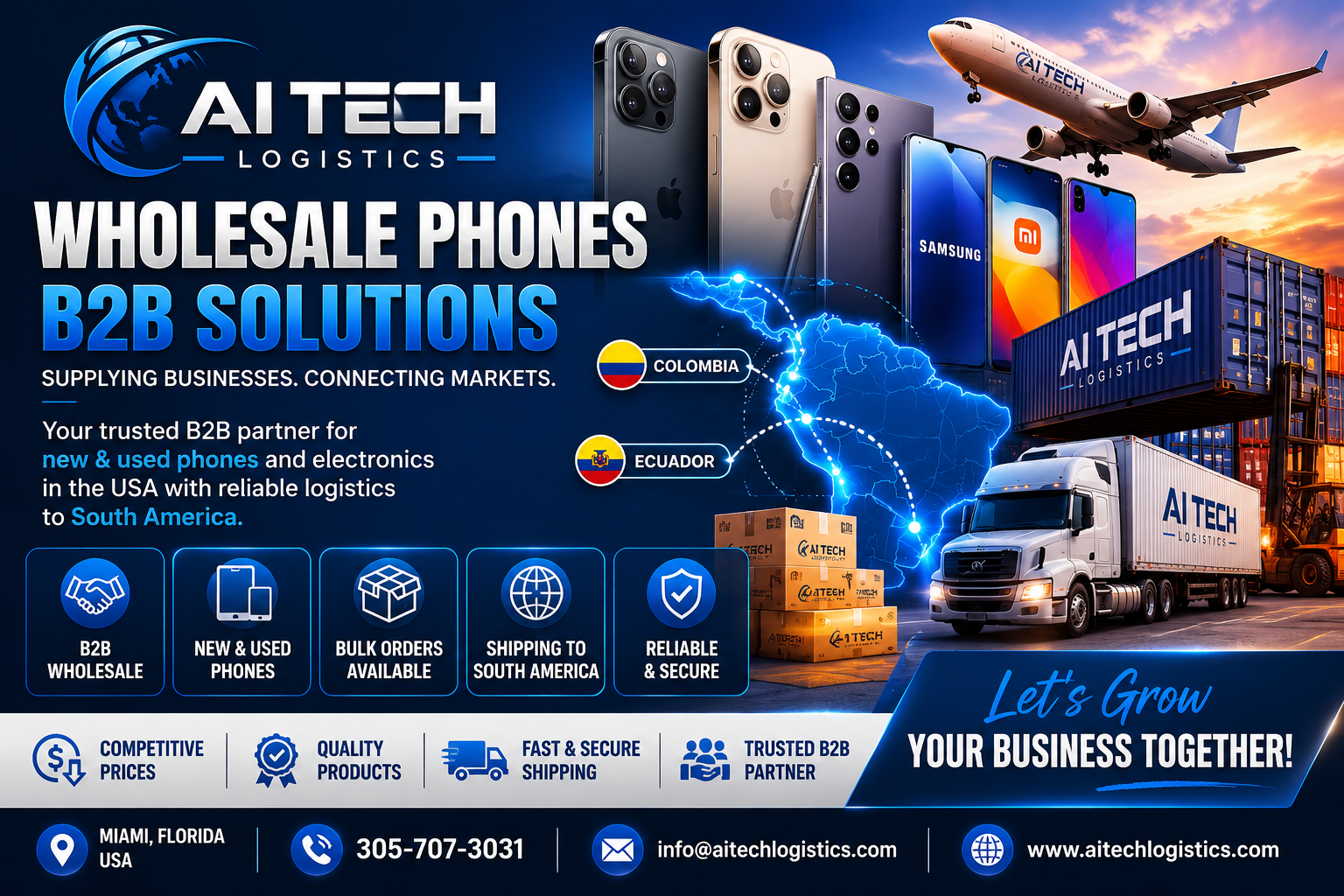 AI Tech Logistics wholesale phones B2B solutions — shipping to Colombia and Ecuador